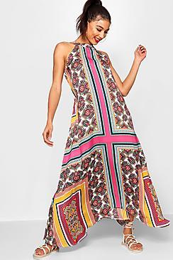 Boohoo Lo Bohemian Scarf Print Hanky Hem Maxi Dress