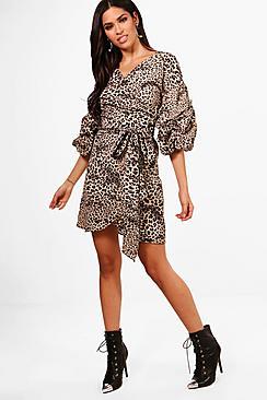 Boohoo Kera Volume Sleeve Wrap Leopard Skater Dress