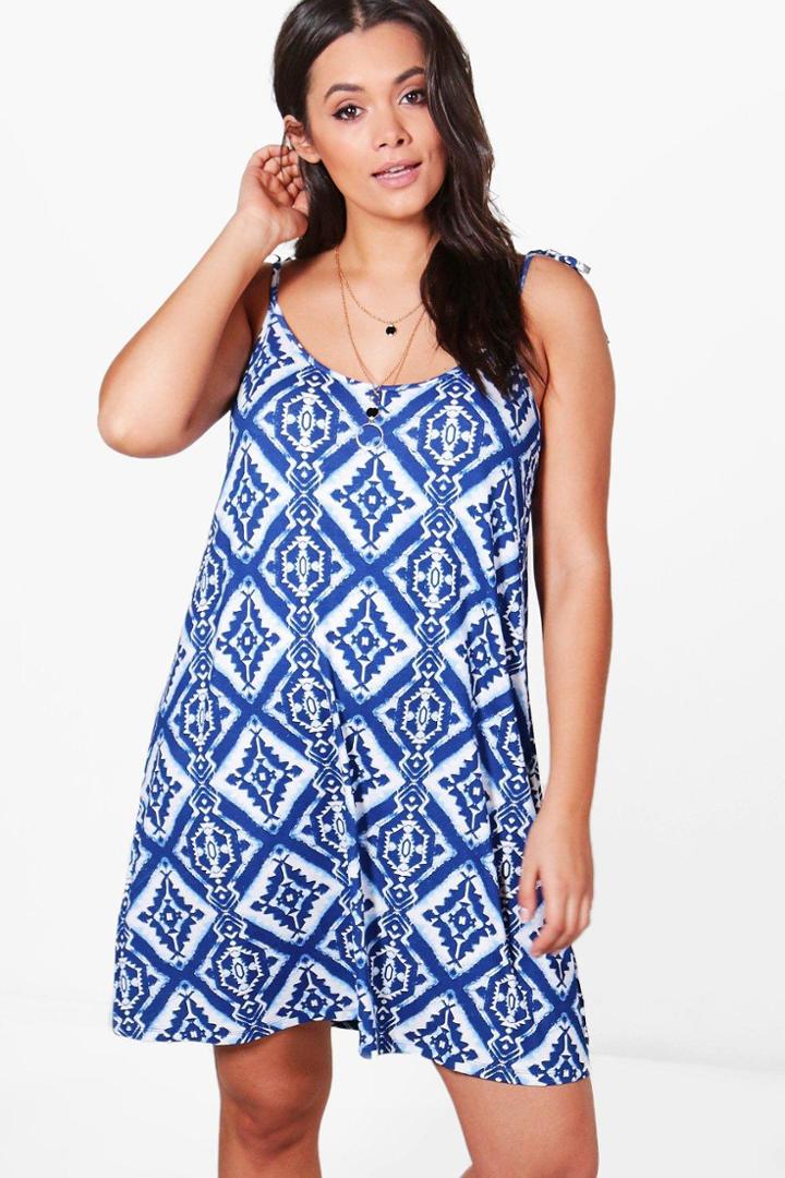Boohoo Plus Lydia Aztec Print Strappy Swing Dress Blue