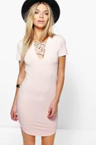 Boohoo Lucia Lace Up Ribbed Curved Hem Bodycon Dress Nude