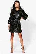 Boohoo Mya Sequin Belted Long Sleeve Shift Dress