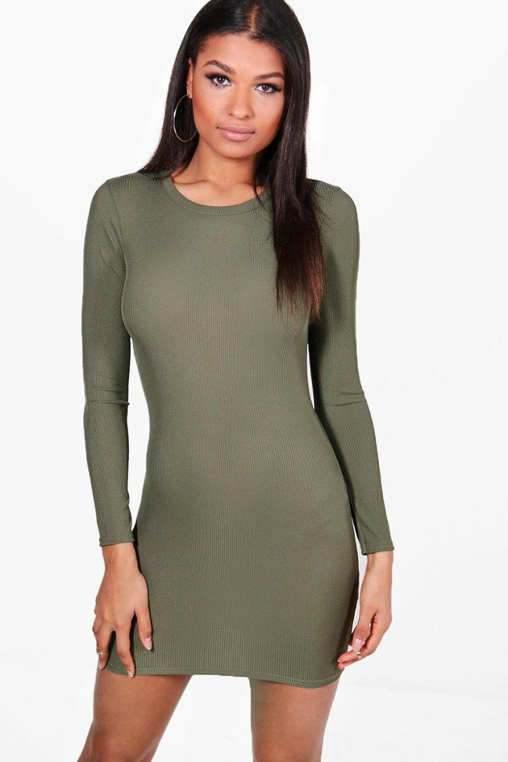 Boohoo Una Ribbed Basic Long Sleeve Bodycon Dress Khaki