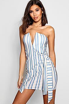 Boohoo Paula Striped Bandeau Wrap Bodycon Dress