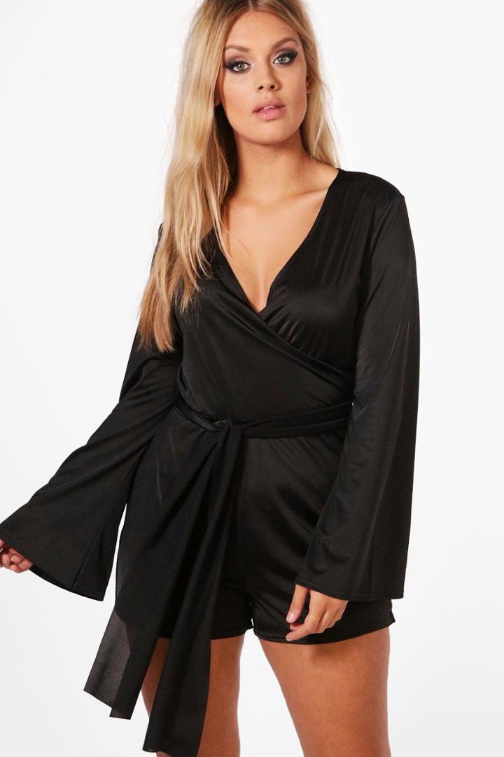 Boohoo Plus Alana Slinky Flared Sleeve Tie Playsuit Black