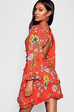 Boohoo Satin Floral Frill Detail Open Back Skater Dress