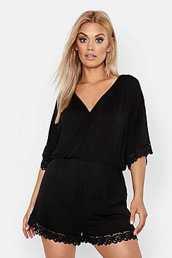 Boohoo Plus Crochet Trim Wrap Over Playsuit