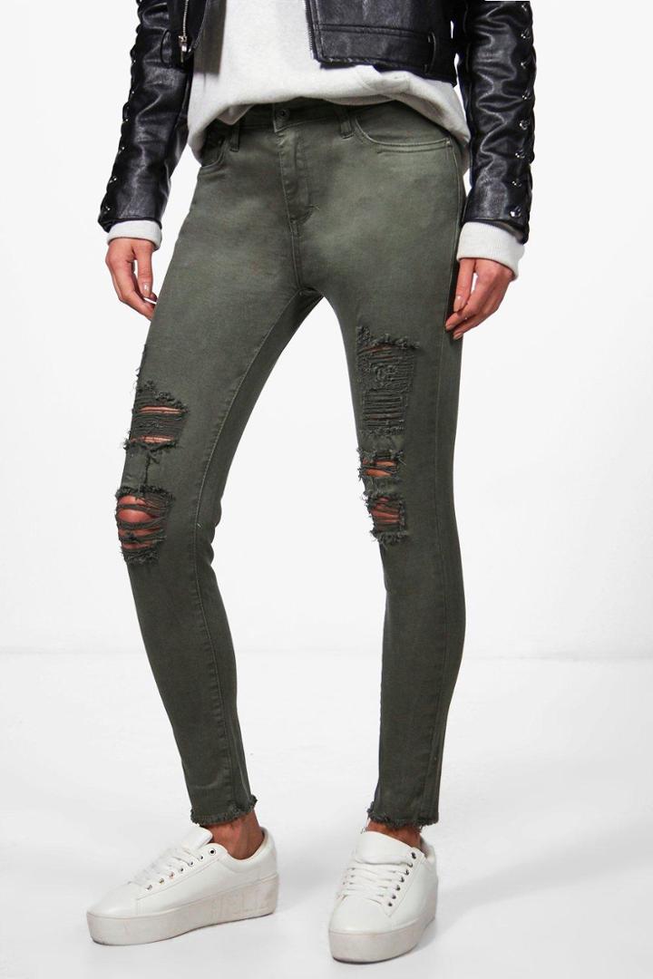 Boohoo Anna Mid Rise Distressed Knee Skinny Jeans Khaki