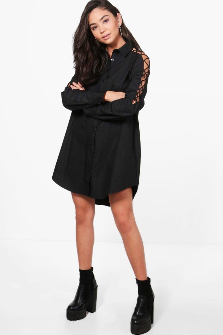 Boohoo Ashlee Lace Up Sleeve Shirt Dress Black