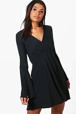 Boohoo Natasha Flare Sleeve Wrap Skater Dress