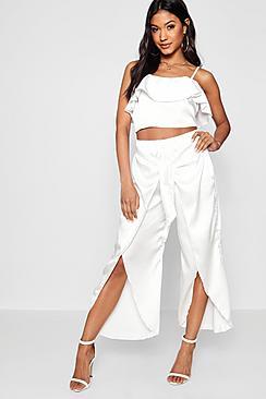 Boohoo Becky Satin Ruffle Top Trouser Co-ord Set