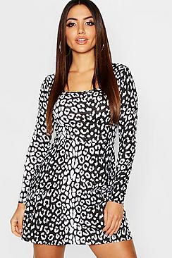 Boohoo Animal Print Square Neck Skater Dress