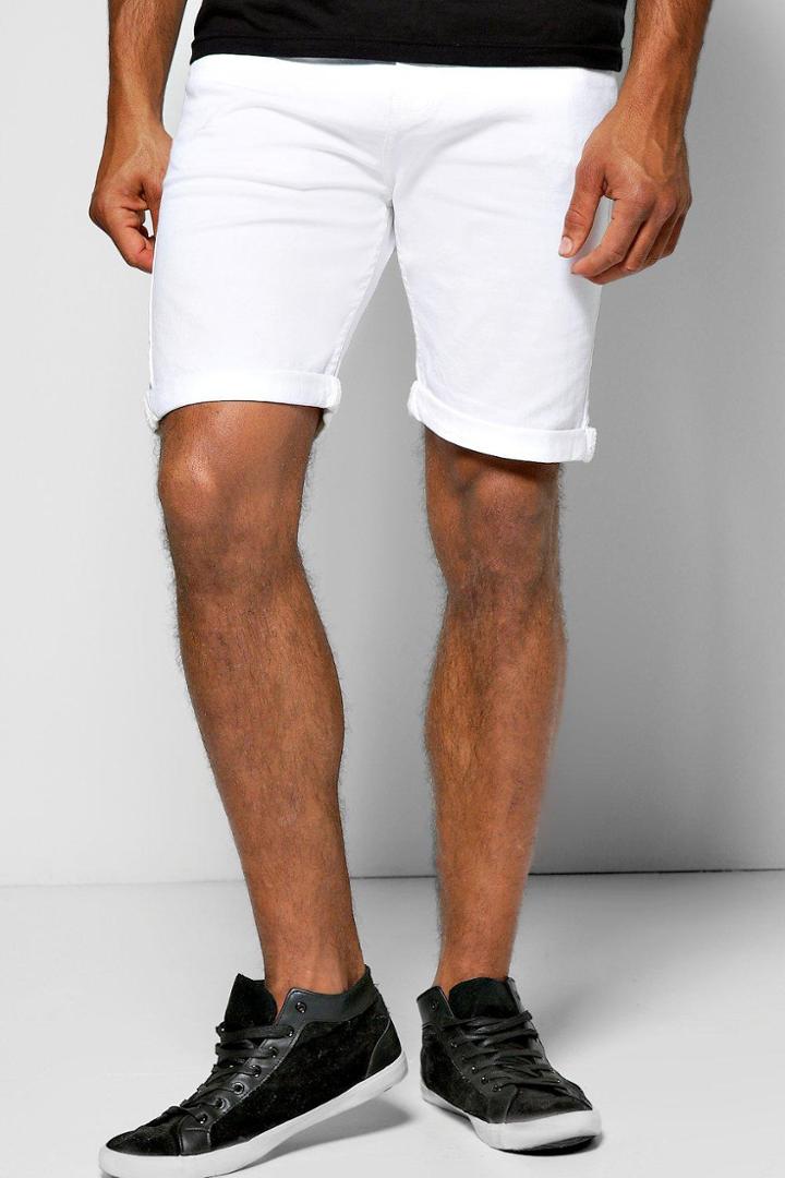 Boohoo Skinny Fit White Denim Shorts In Long Length White