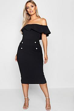 Boohoo Plus Crepe Military Button Midi Dress