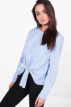 Boohoo Charlotte Stripe Knot Front Long Sleeve Shirt