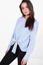 Boohoo Charlotte Stripe Knot Front Long Sleeve Shirt