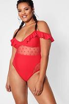 Boohoo Plus Olivia Polka Dot Mesh Ruffle Swimsuit
