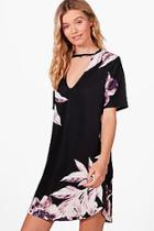 Boohoo Holly Floral Curved Hem Choker Shift Dress