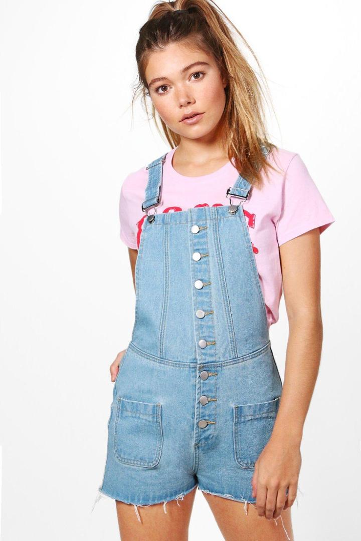 Boohoo Lucy Button Through Denim Playsuit Blue