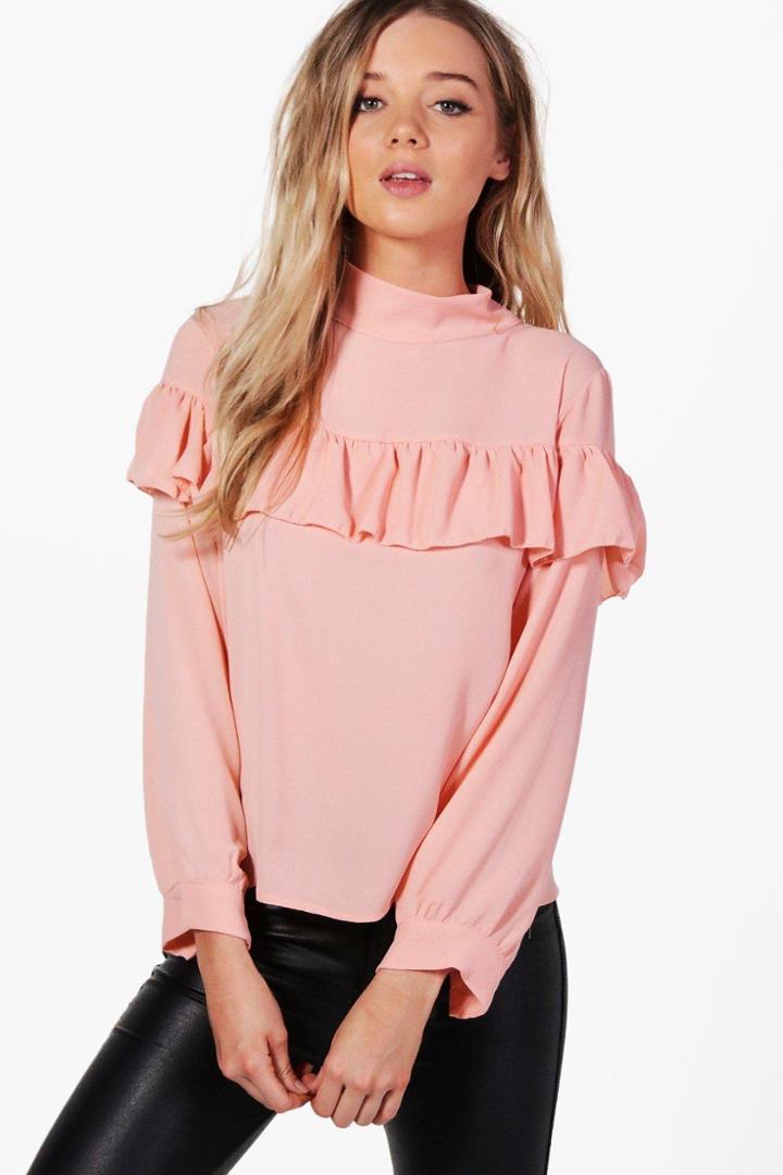 Boohoo Phoebe Woven Ruffle Front Blouse Pink