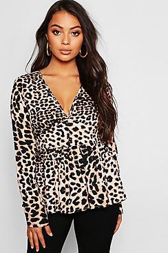 Boohoo Petite Leopard Print Long Sleeve Peplum Blouse
