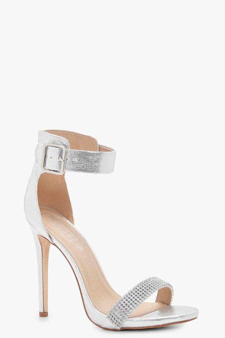 Boohoo Olivia Shimmer And Diamante 2 Part Heels Silver