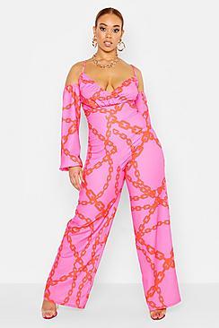 Boohoo Plus Chain Print Off Shoulder Wide Leg Jumpsuit
