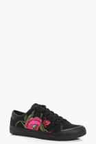 Boohoo Amy Floral Embroidered Lace Up Trainer Black