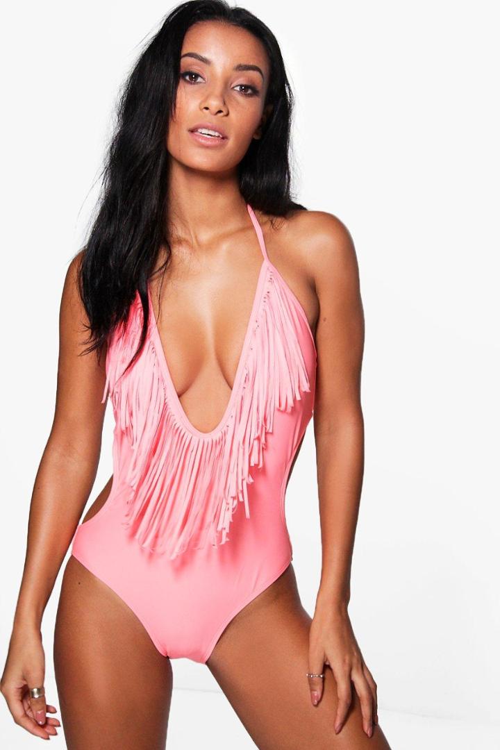 Boohoo Lyon Fringed Plunge Bathing Suit Orange