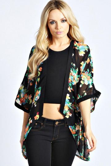 Boohoo Alexa Black Floral Kimono - Multi
