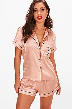 Boohoo Summer 's' Embroidery Satin Shirt & Short Set