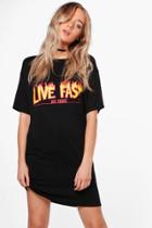 Boohoo Fi Live Fast Printed Oversized T-shirt Dress Black