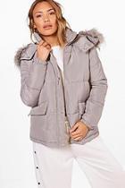 Boohoo Alice Hooded Padded Coat With Faux Fur Trim