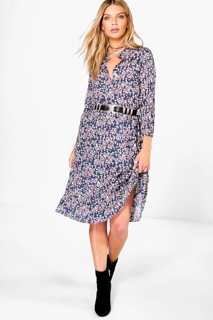 Boohoo Megan Printed Midi Dress Blue