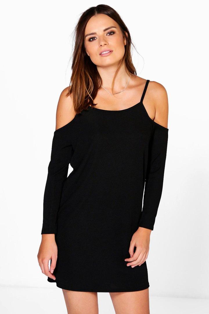 Boohoo Daphne Ribbed Cold Shoulder Shift Dress Black