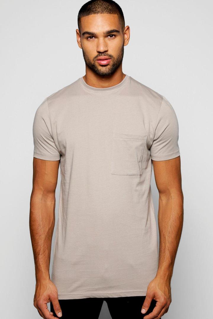Boohoo Longline Stepped Hem Pocket T Shirt Taupe