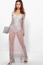 Boohoo Petite Libby Cut Out Side Long Sleeve Maxi Dress Silver