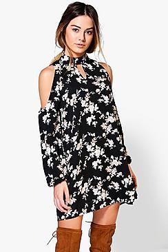 Boohoo Petite Matilda Cold Shoulder Woven Shift Dress