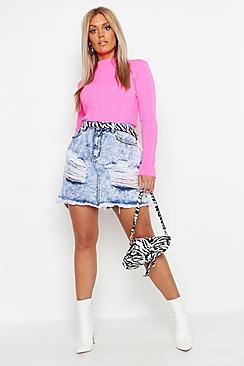 Boohoo Plus Marble Wash Distress Denim Skirt