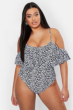 Boohoo Plus Animal Drape Sleeve Swimsuit