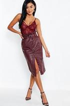 Boohoo Leather Look Mock Horn Button Paperbag Midi Skirt