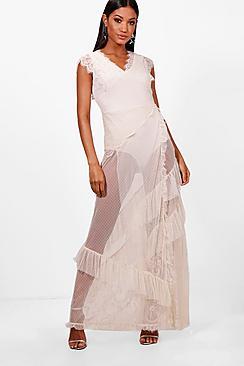 Boohoo Ally Dobby Lace Teirred Maxi Dress