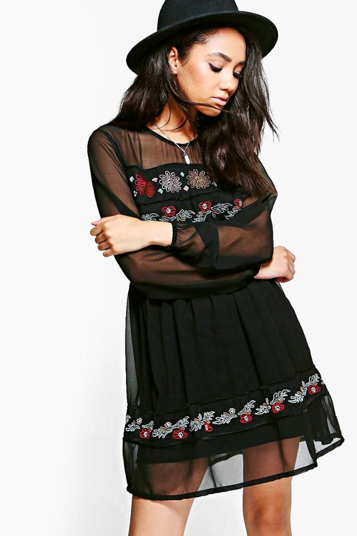 Boohoo Petite Eden Embroidered Mesh Sleeve Skater Dress Black