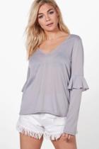 Boohoo Karina Frill Sleeve V-neck Top Grey