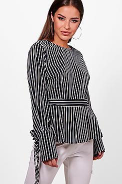 Boohoo Petite Megan Stripe Tie Sleeve Top