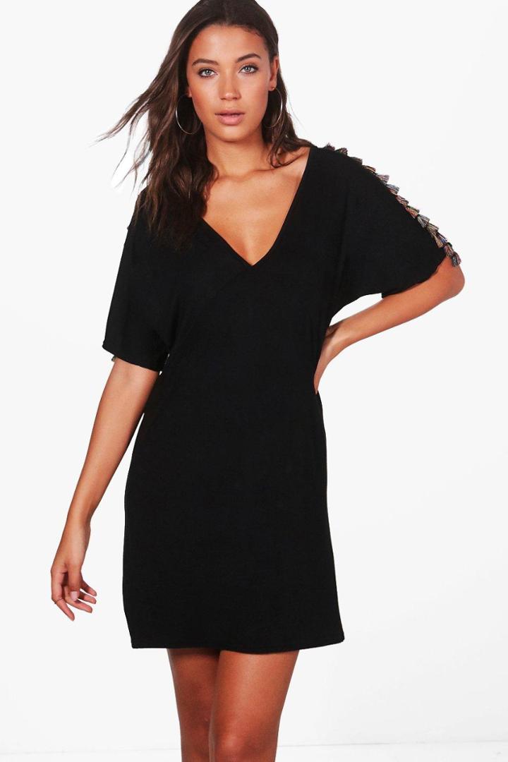 Boohoo Tall Evie Tassel Trim Beach Dress Black