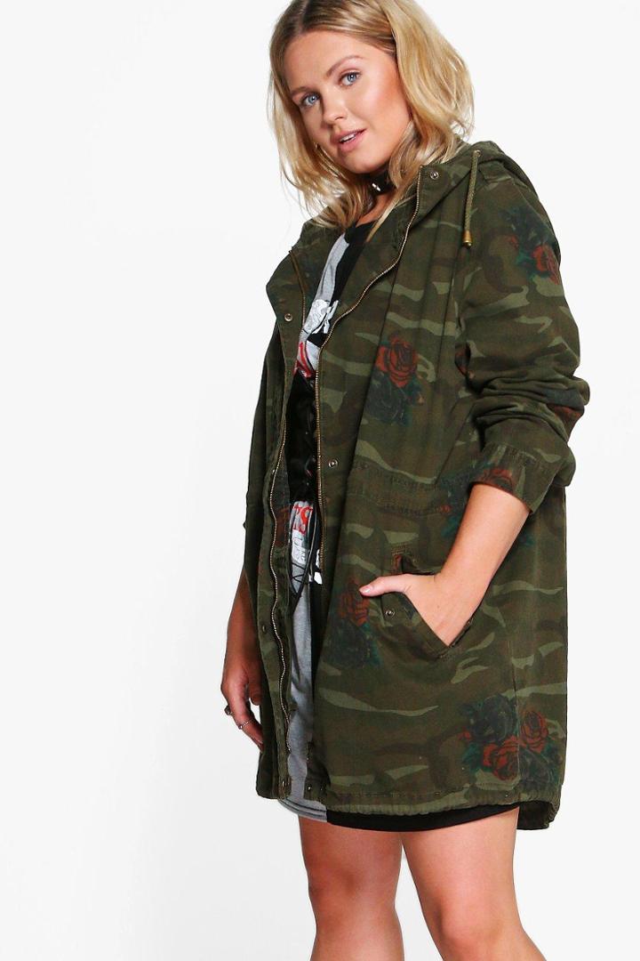 Boohoo Plus Olivia Hooded Camo And Floral Parka Multi