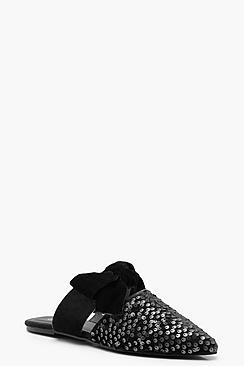 Boohoo Velvet Sequin Bow Pointed Mules