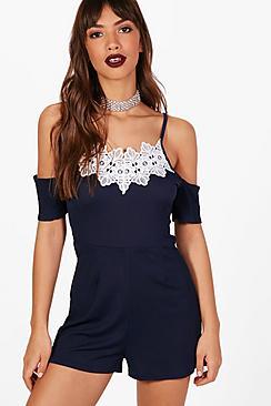 Boohoo Bryony Crochet Trim Open Shoulder Playsuit