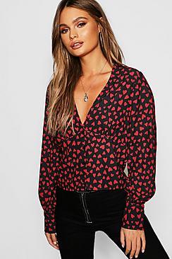 Boohoo Heart Print Button Through Blouse