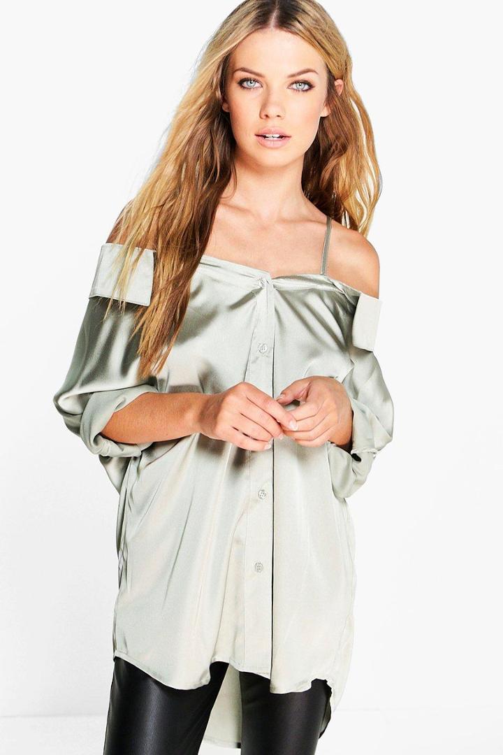 Boohoo Phoebe Silky Shoulder Strappy Blouse Silver